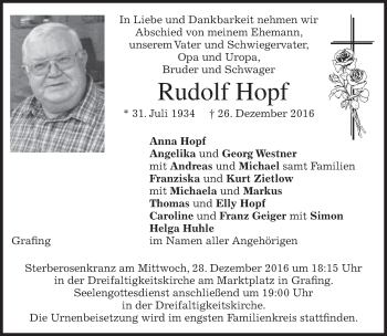 Traueranzeige von Rudolf Hopf von merkurtz