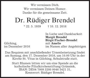 Traueranzeige von Rüdiger Brendel von merkurtz