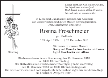 Traueranzeige von Rosina Froschmeier