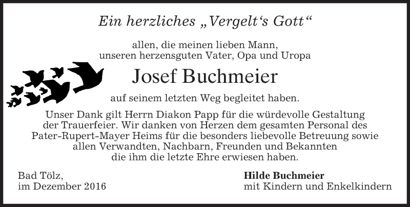 Traueranzeige für Josef Buchmeier vom 24.12.2016 aus merkurtz
