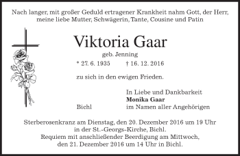 Traueranzeige von Viktoria Gaar von merkurtz