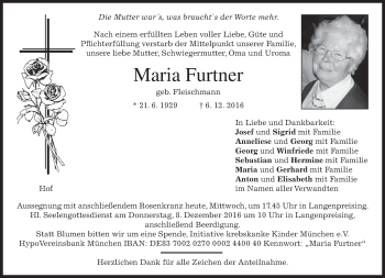 Traueranzeige von Maria Furtner von merkurtz