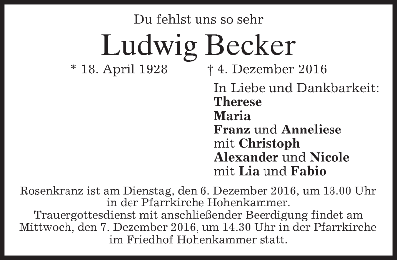  Traueranzeige für Ludwig Becker vom 06.12.2016 aus merkurtz