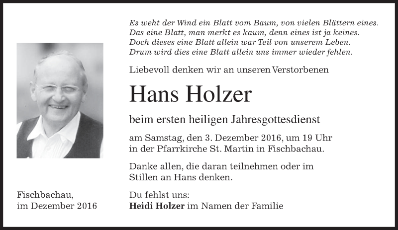  Traueranzeige für Hans Holzer vom 01.12.2016 aus merkurtz