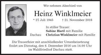 Traueranzeige von Heinz Winklmeier