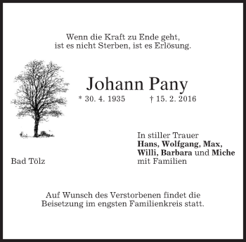 Traueranzeige von Johann Pany von merkurtz