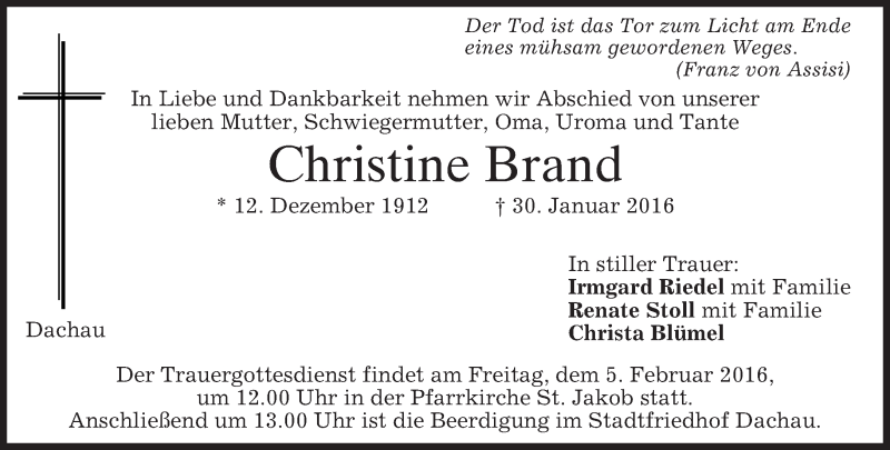  Traueranzeige für Christine Brand vom 03.02.2016 aus 