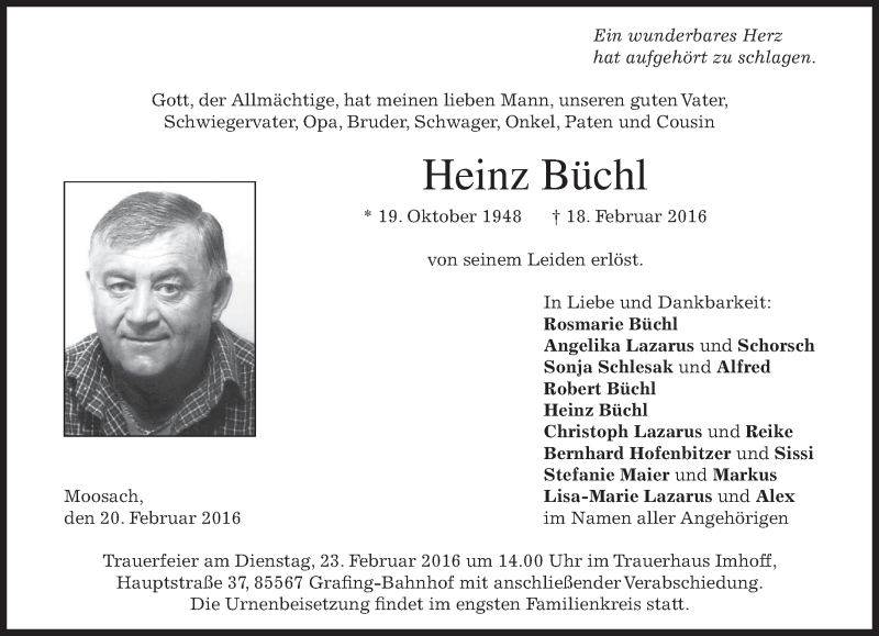  Traueranzeige für Heinz Büchl vom 20.02.2016 aus merkurtz