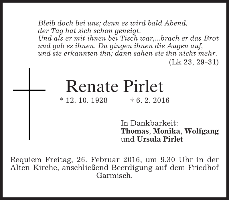  Traueranzeige für Renate Pirlet vom 23.02.2016 aus merkurtz