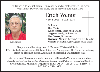 Traueranzeige von Erich Wenig von merkurtz