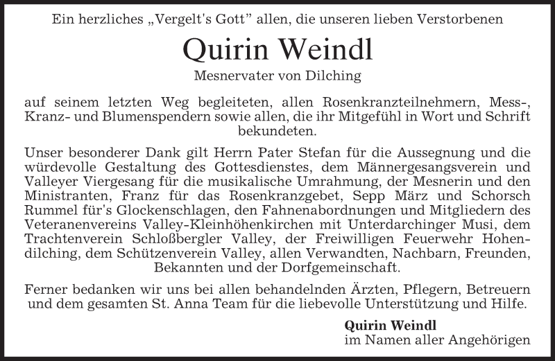  Traueranzeige für Quirin Weindl vom 27.02.2016 aus merkurtz
