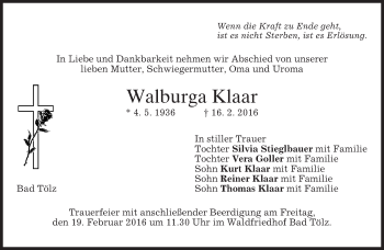 Traueranzeige von Walburga Klaar von merkurtz