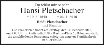 Traueranzeige von Hang Pletschacher 