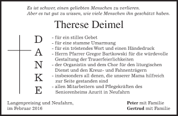 Traueranzeige von Therese Deimel von merkurtz