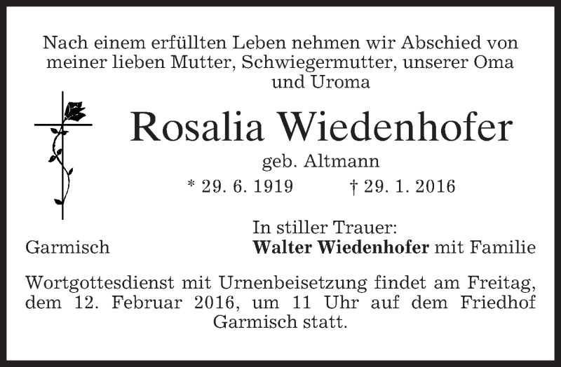  Traueranzeige für Rosalia Wiedenhofer vom 09.02.2016 aus 