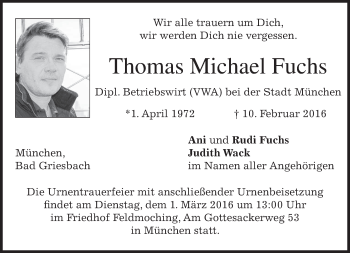 Traueranzeige von Thomas Michael Fuchs von merkurtz