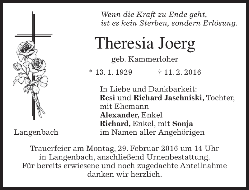  Traueranzeige für Theresia Joerg vom 26.02.2016 aus merkurtz