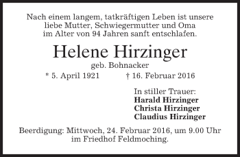 Traueranzeige von Helene Hirzinger von merkurtz