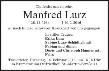 Traueranzeige von Manfred Lurz von merkurtz