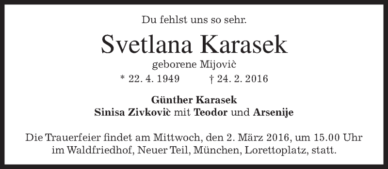  Traueranzeige für Svetlana Karasek vom 27.02.2016 aus merkurtz