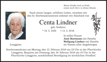 Traueranzeige von Centa Lindner von merkurtz
