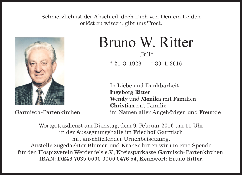  Traueranzeige für Bruno W. Ritter vom 06.02.2016 aus 