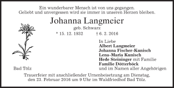 Traueranzeige von Johanna Langmeier von merkurtz