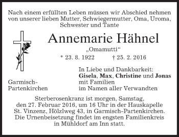 Traueranzeige von Annemarie Hähnel von merkurtz
