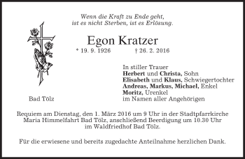 Traueranzeige von Egon Kratzer von merkurtz