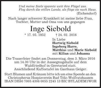 Traueranzeige von Inge Siebold von merkurtz