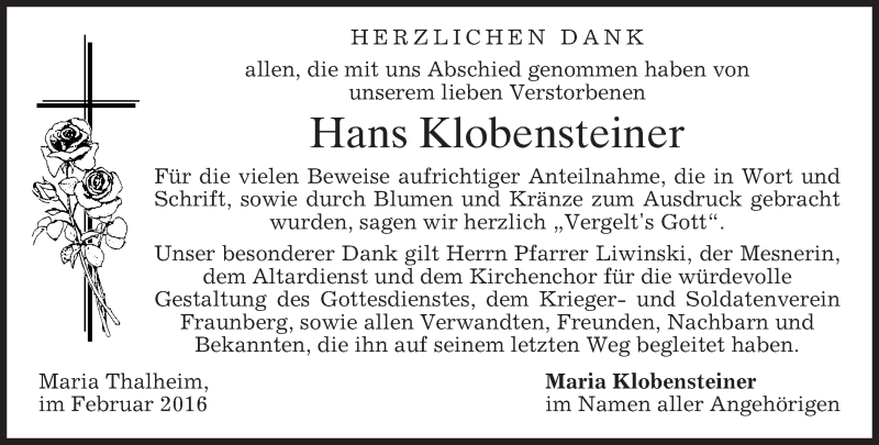  Traueranzeige für Hans Klobensteiner vom 06.02.2016 aus 