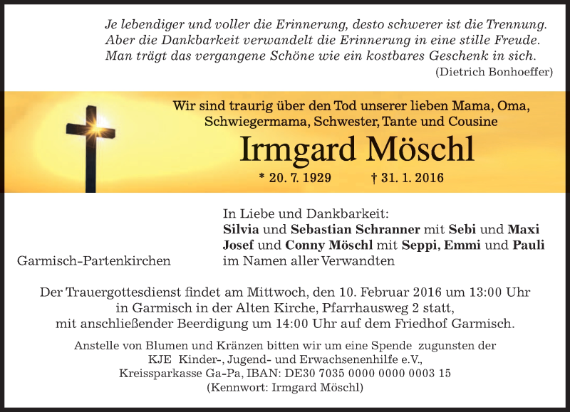  Traueranzeige für Irmgard Möschl vom 06.02.2016 aus 