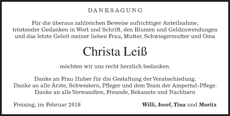  Traueranzeige für Christa Leiß vom 06.02.2016 aus 