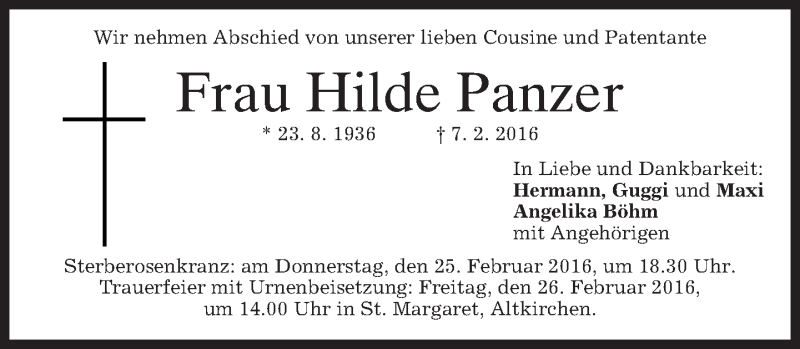  Traueranzeige für Hilde Panzer vom 24.02.2016 aus merkurtz