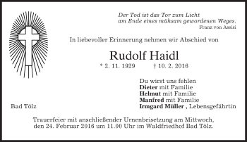 Traueranzeige von Rudolf Haidl von merkurtz