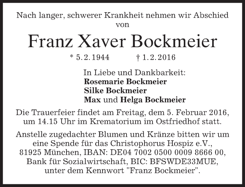  Traueranzeige für Franz Xaver Bockmeier vom 04.02.2016 aus 