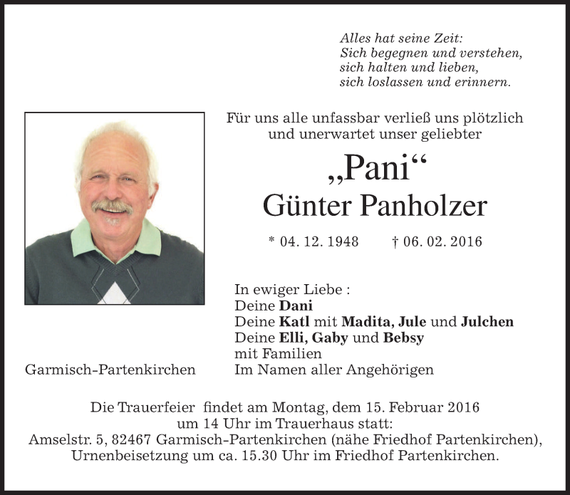  Traueranzeige für Günter Panholzer vom 11.02.2016 aus merkurtz