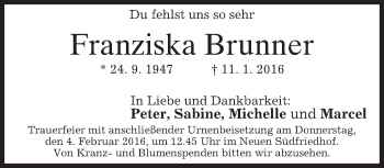 Traueranzeige von Franziska Brunner 
