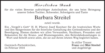 Traueranzeige von Barbara Streitel von merkurtz