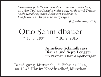 Traueranzeige von Otto Schmidbauer von merkurtz