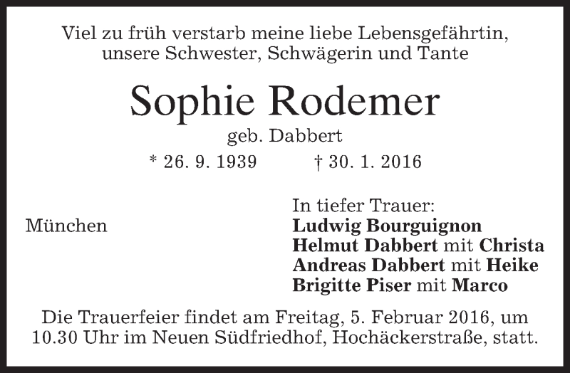  Traueranzeige für Sophie Rodemer vom 03.02.2016 aus 