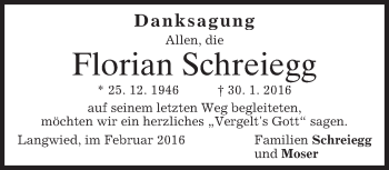 Traueranzeige von Florian Schreiegg von merkurtz
