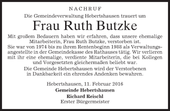 Traueranzeige von Ruth Butzke von merkurtz