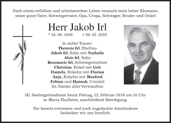 Traueranzeige von Jakob Irl von merkurtz