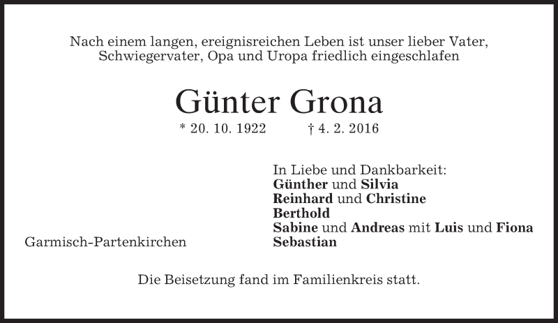  Traueranzeige für Günter Grona vom 23.02.2016 aus merkurtz