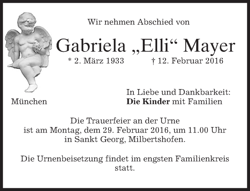  Traueranzeige für Gabriela Mayer vom 27.02.2016 aus merkurtz