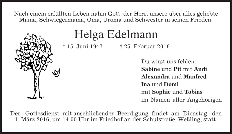  Traueranzeige für Helga Edelmann vom 27.02.2016 aus merkurtz