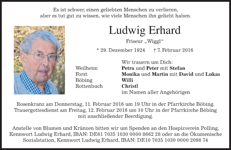  Traueranzeige für Ludwig Erhard vom 10.02.2016 aus 