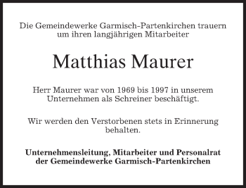 Traueranzeige von Matthias Maurer von merkurtz