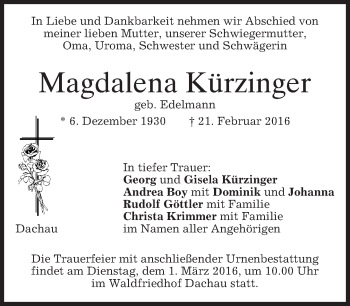 Traueranzeige von Magdalena Kürzinger von merkurtz